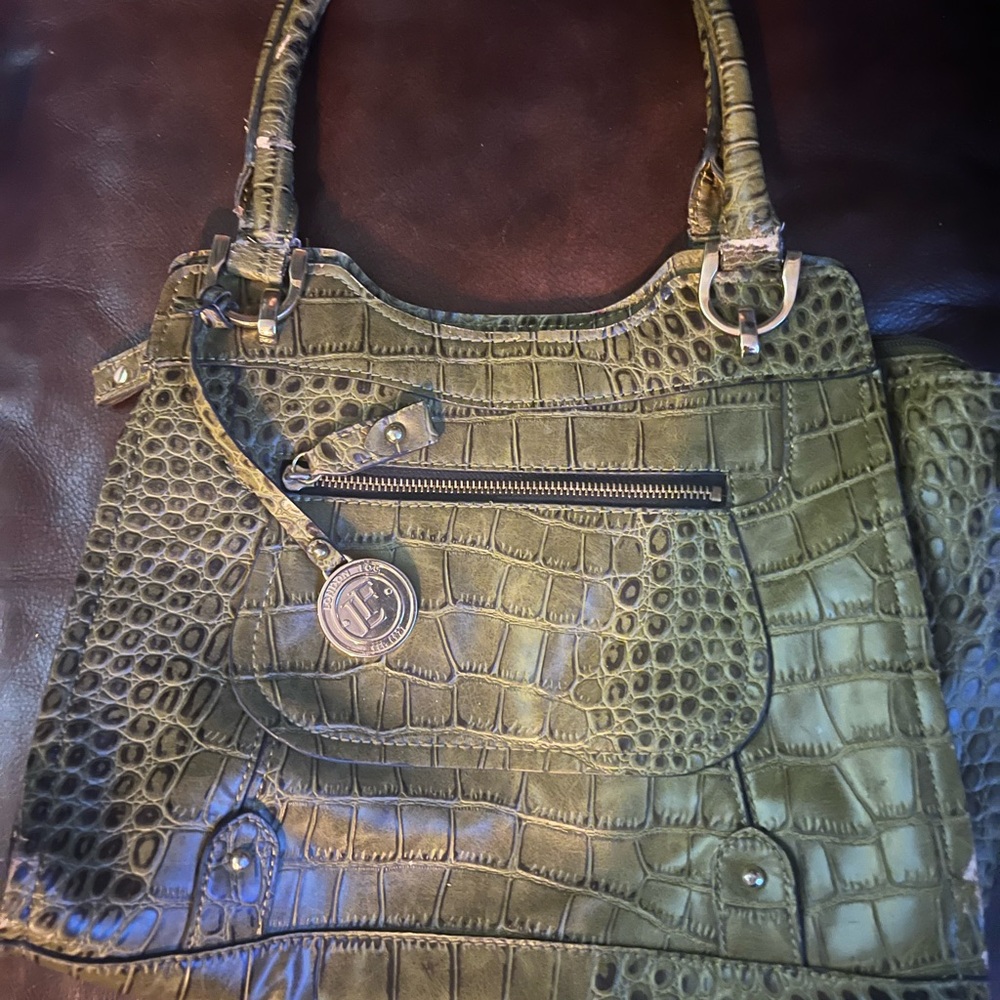 London Fog Olive Green Croc-Embossed Shoulder Bag